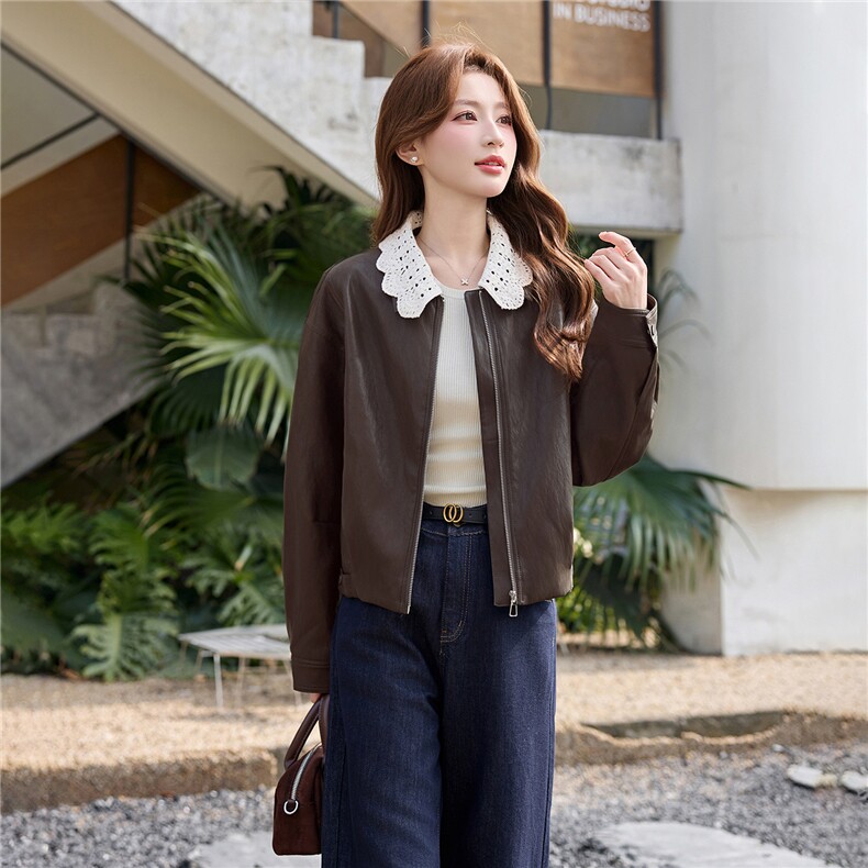 【春季女装新款】2026时尚洋气韩版花边翻领宽松短款拉链皮衣外套，女装皮衣，流量+