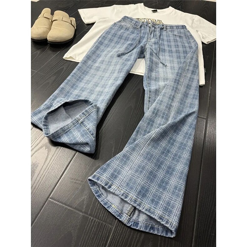 蓝格子半松紧腰微喇牛仔裤NNC433,男装牛仔裤,星座208-5