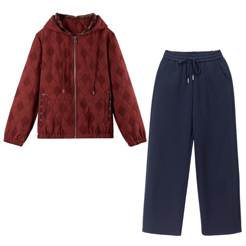 长期现货妈妈春秋早冬夹棉服时尚格子连帽外套短中老年两件套装女,女装套装/套裙,璐依舞