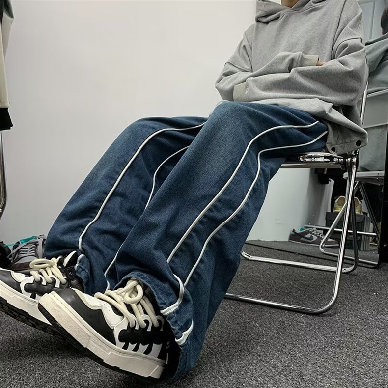 高街牛仔裤男拼条纹韩版个性阔腿美式2024冬季ins长裤RK1263-P58图片