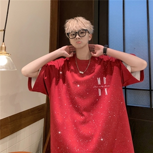 酒红色满天星t恤潮牌欧美亮闪闪300g重磅短袖男夏季纯棉美式半袖图片