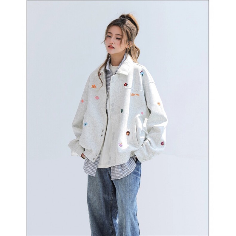 J9774-P67韩系花朵刺绣翻领外套新款秋季棒球服休闲夹克图片