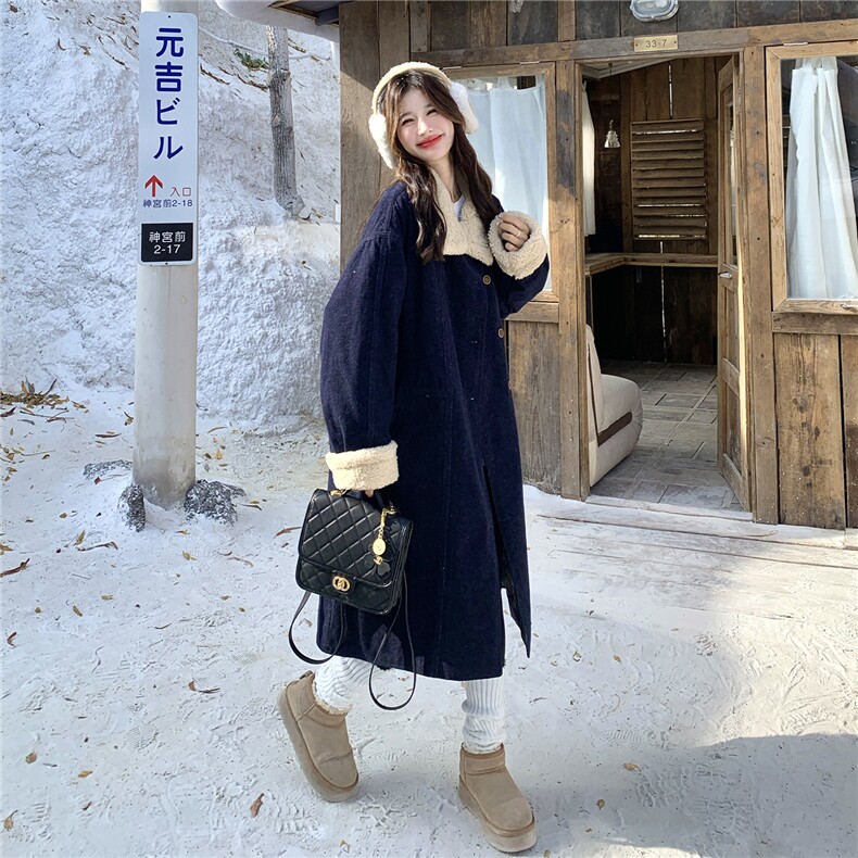 复古拼接羊羔毛派克服女2025冬季新款时尚中长款加厚保暖通勤外套,女装羽绒服,2C293