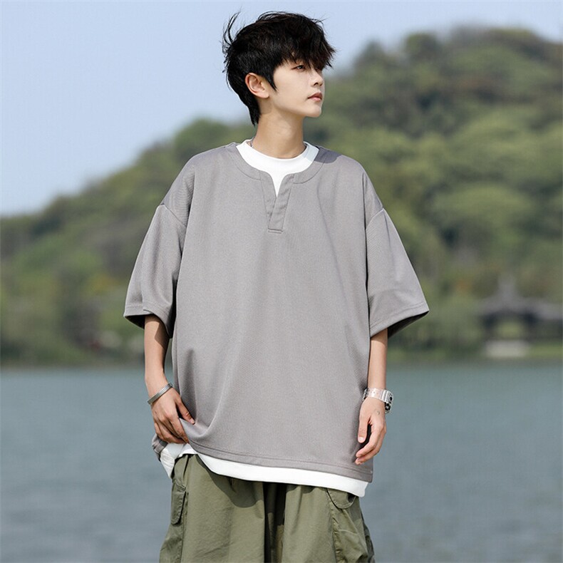 8XL-M重磅斜纹假两件短袖t恤男夏季薄款宽松大码半袖体恤DT006P45,男装T恤,电商B312