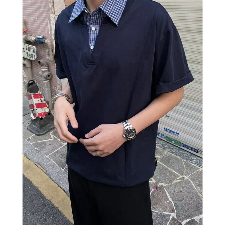 1303B-TB306-特价P4068假两件格子拼接结构翻领休闲短袖,男装T恤,星座1303B