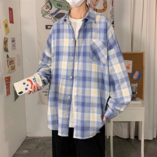 C203-P30港风格子长袖衬衫男春秋季宽松休闲薄款百搭外套，男装衬衫，电商B323A