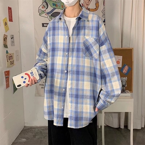 C203-P30 港风格子长袖衬衫男春秋季宽松休闲薄款百搭外套图片