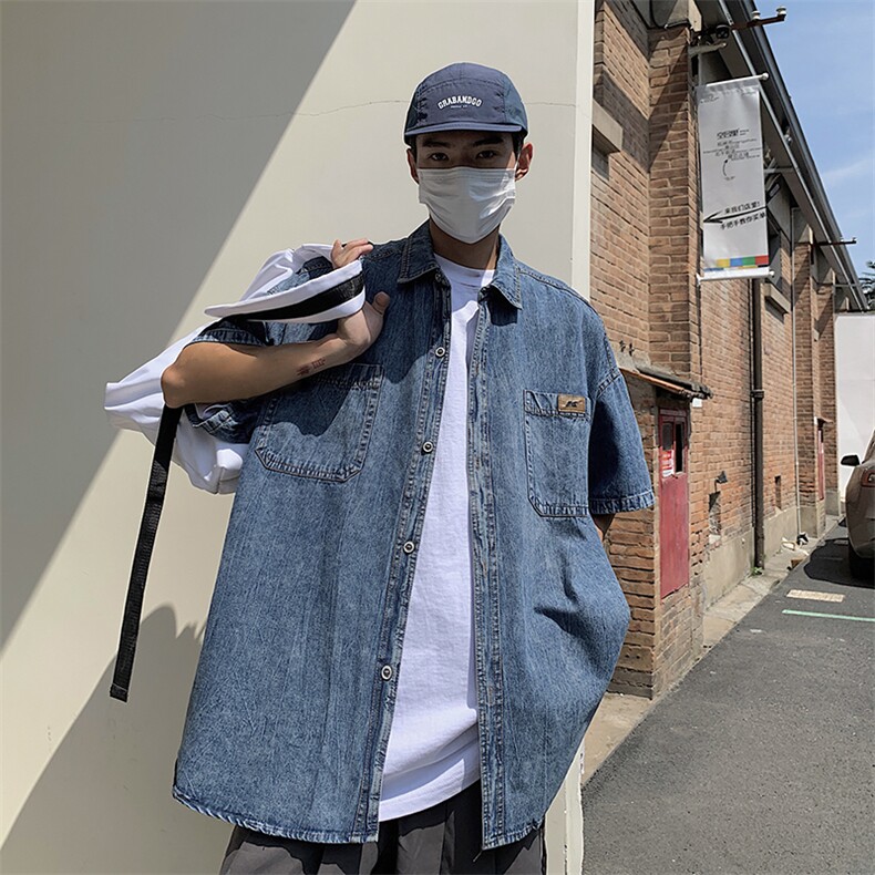 S25-P45日系复古宽松型牛仔短袖衬衫,男装衬衫,星座1501-1
