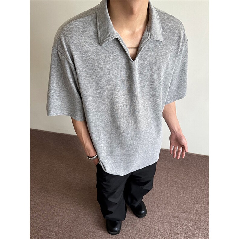 白色麦穗纹海鸥领Polo衫男款夏季美式v领t恤高级感cleanfit五分袖,男装T恤,电商A003