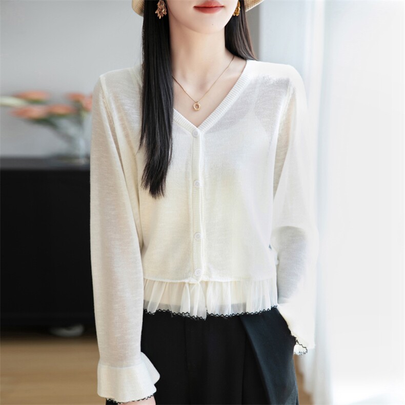 小香风微透防晒蕾丝开衫女夏外搭短款显瘦配吊带裙木耳边披肩罩衫,女装蕾丝衫/雪纺衫,菲奥羊绒