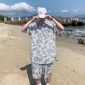 夏季青年花色印花衬衫套装男士多色宽松短裤套装TZ001-P45-控价69