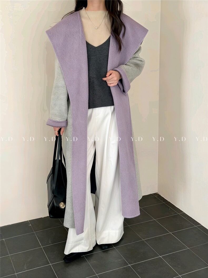 系带连帽大翻领气质宽松慵懒风廓形大帽子羊毛外套(配腰，女装羊绒大衣，依嘟服饰