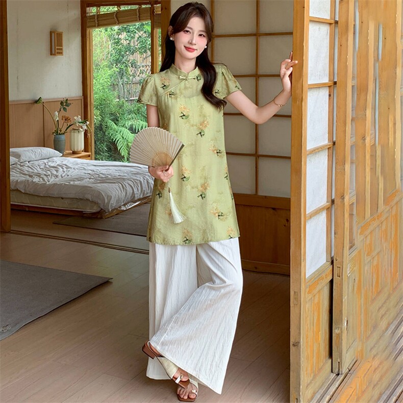 新中式g风套装女2026夏季流行复古印花盘扣旗袍上衣阔腿裤两件套，女装套装/套裙，心心服饰
