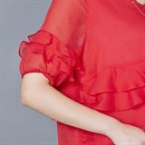 时尚夏季简约纯色V领短袖荷叶边套头雪纺衫，女装蕾丝衫/雪纺衫，安之芮娜