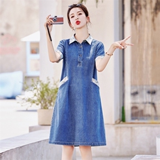 牛仔拼接丝领衬衫领连衣裙夏季绝美小裙子独特个性超好看气质长裙，女装连衣裙，橙子家