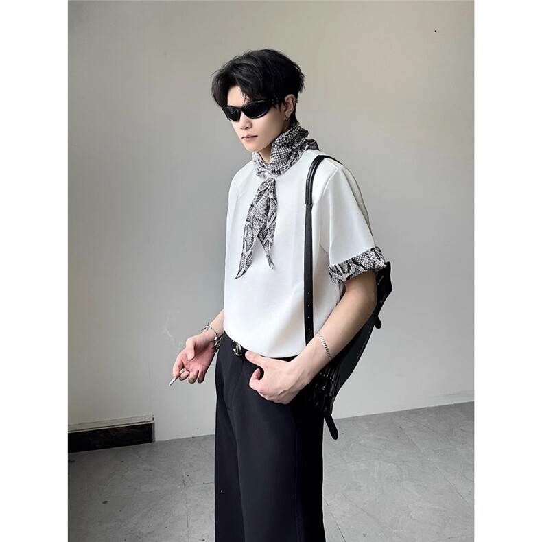 蛇纹卷边拼接t恤男款夏季小众丝巾设计感短袖美式高级感垫肩半袖,男装T恤,星座506A