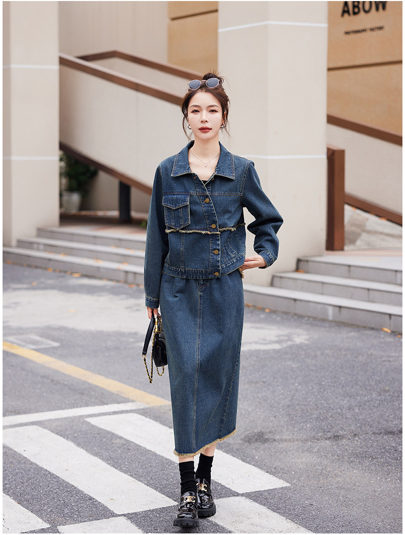时尚显瘦牛仔套装套裙女秋季新款气质百搭长袖外套连衣裙两件套,女装套装/套裙,秋水欣儿