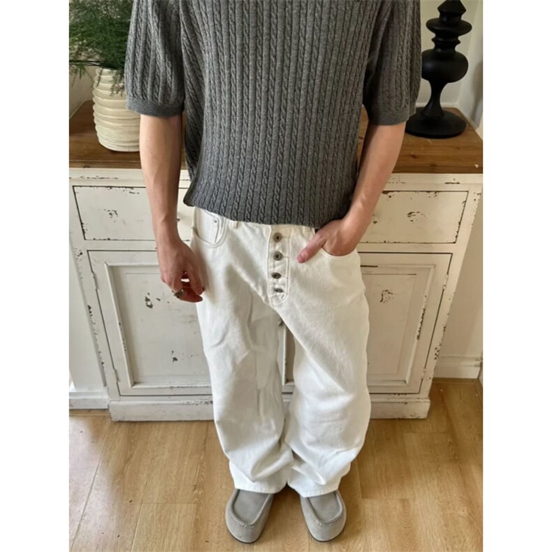 美式高街复古丹宁白色阔腿弯刀牛仔裤男百搭宽松垂感百搭休闲裤子,男装牛仔裤,四季星座505