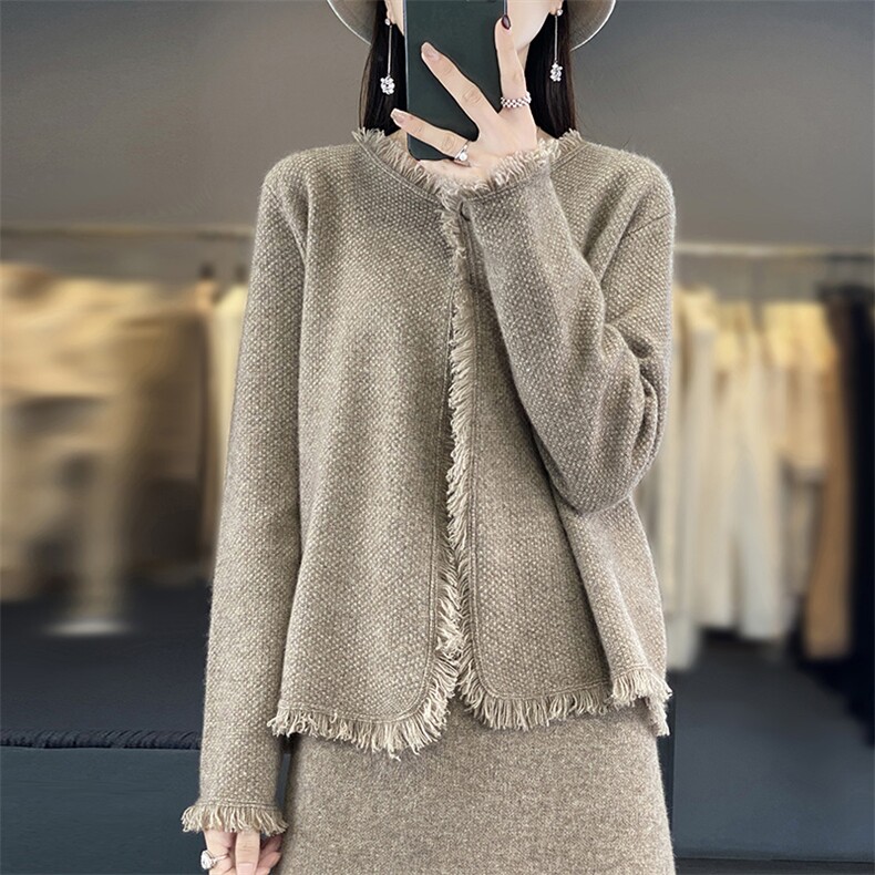 秋冬羊毛开衫女圆领一粒扣针织外套流苏衫宽松外搭毛衣,女装羊毛衫,江南羊绒