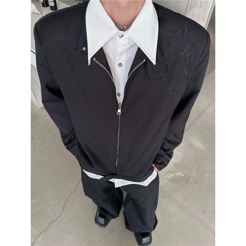 荆棘刺绣短款夹克男高级感立领皮衣外套美式机车棒球服JK965-P84图片