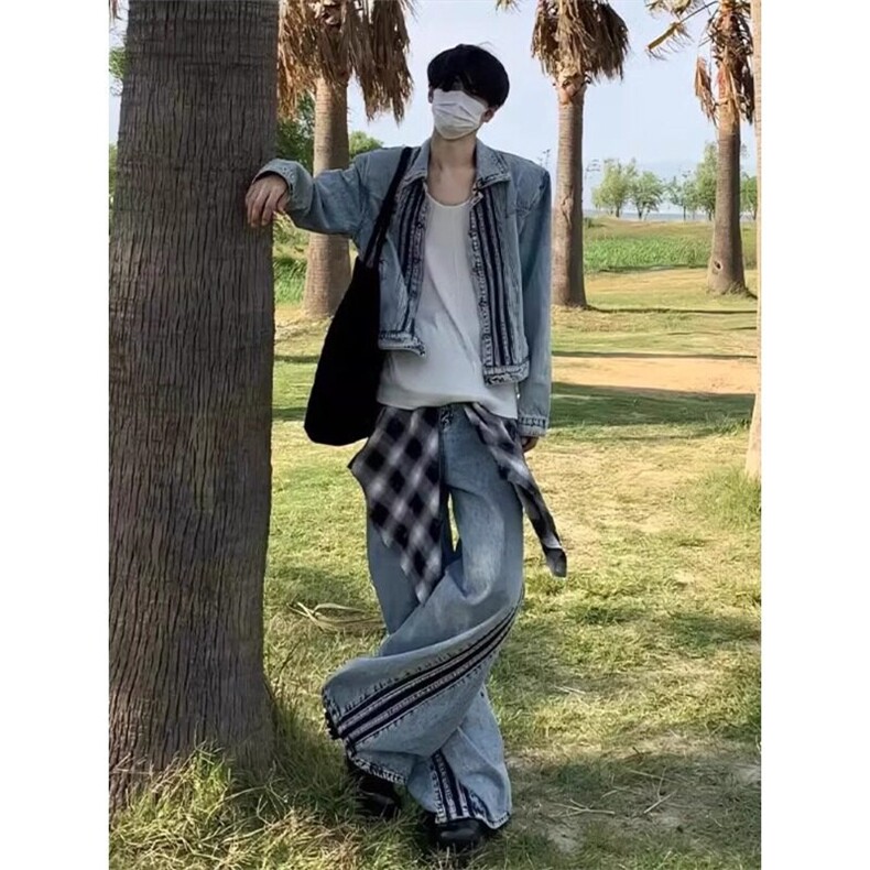 街头小众牛仔夹克设计感三条杠两件套JK7009特P72NZ619特P58，男装夹克，星座908-1