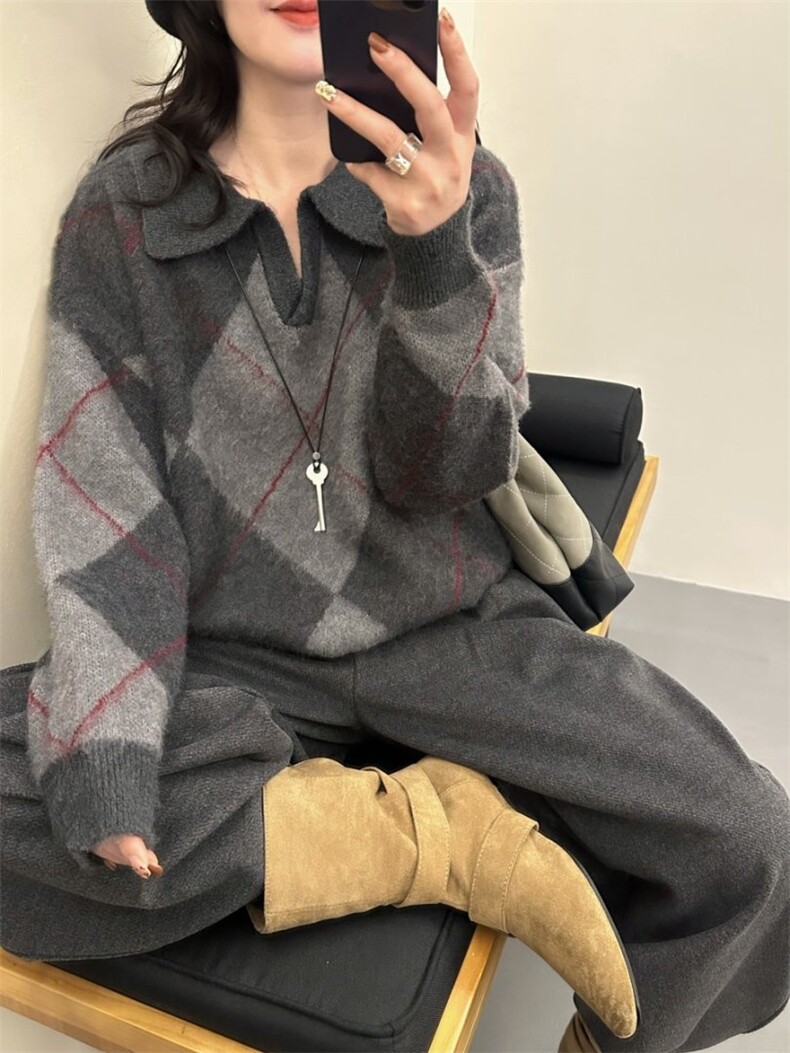 2025年秋季常规单件翻领菱形格时尚百搭休闲，女装针织衫/毛衣，臻纶羊绒