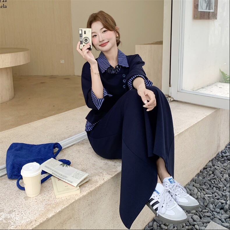 藏青色假两件卫衣套装裙女2025秋季新款超好看学院风半身裙两件套,女装套装/套裙,2C129
