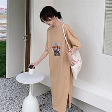法式减龄慵懒风T恤连衣裙女2025夏季新款韩版宽松显瘦甜美长裙子，女装连衣裙，2C206