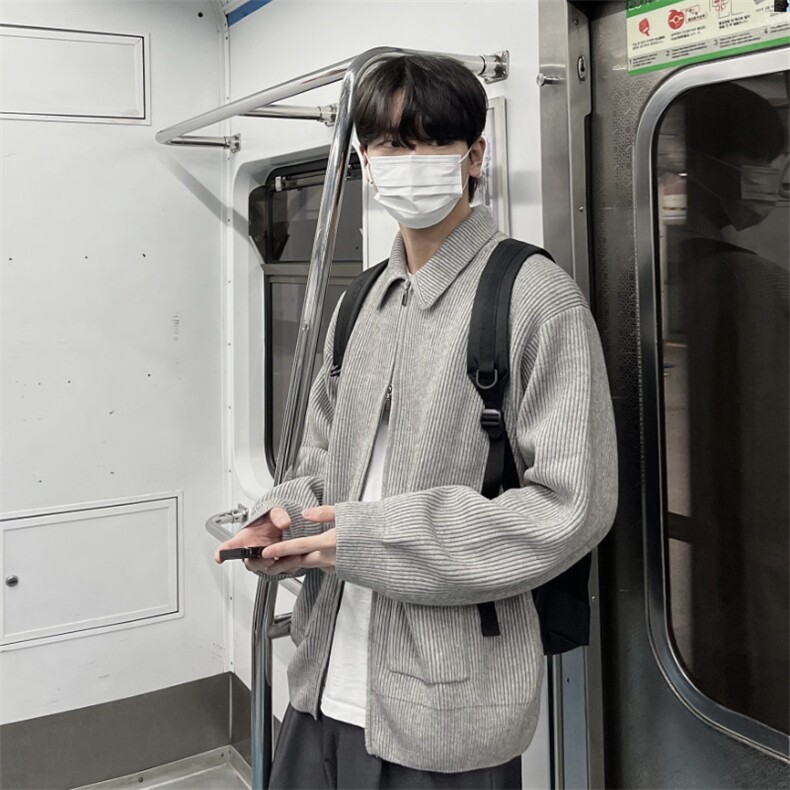 韩式街头设计感POLO翻领毛衣男慵懒风休闲拉链针织衫H4526P85图片