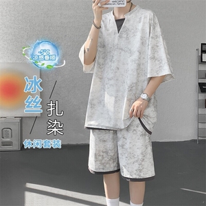 特批P55无差价25夏季冰丝顺滑扎染假两件休闲大码两件套男TZ5362图片