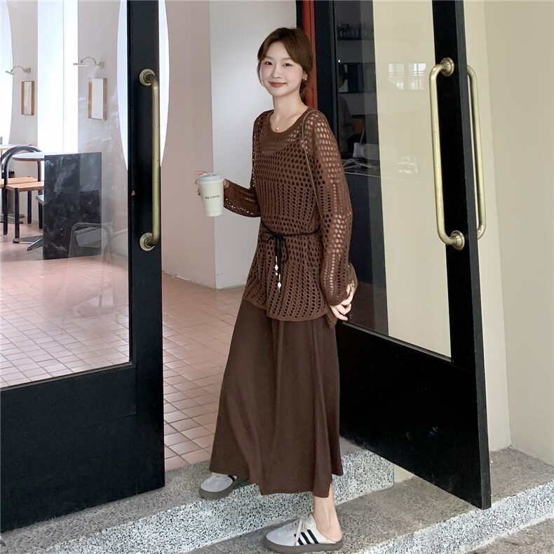 咖色美拉德镂空罩衫吊带裙套装2025新款女秋季轻熟气质穿搭两件套,女装连衣裙,维壹