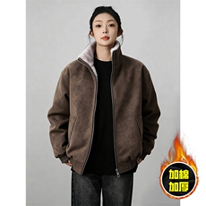 现货高品质美式高街重磅座山雕毛毛立领pu麂皮棉衣男女加厚外套冬，男装棉衣，电商A443