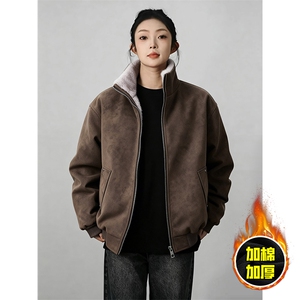 现货高品质美式高街重磅座山雕毛毛立领pu麂皮棉衣男女加厚外套冬