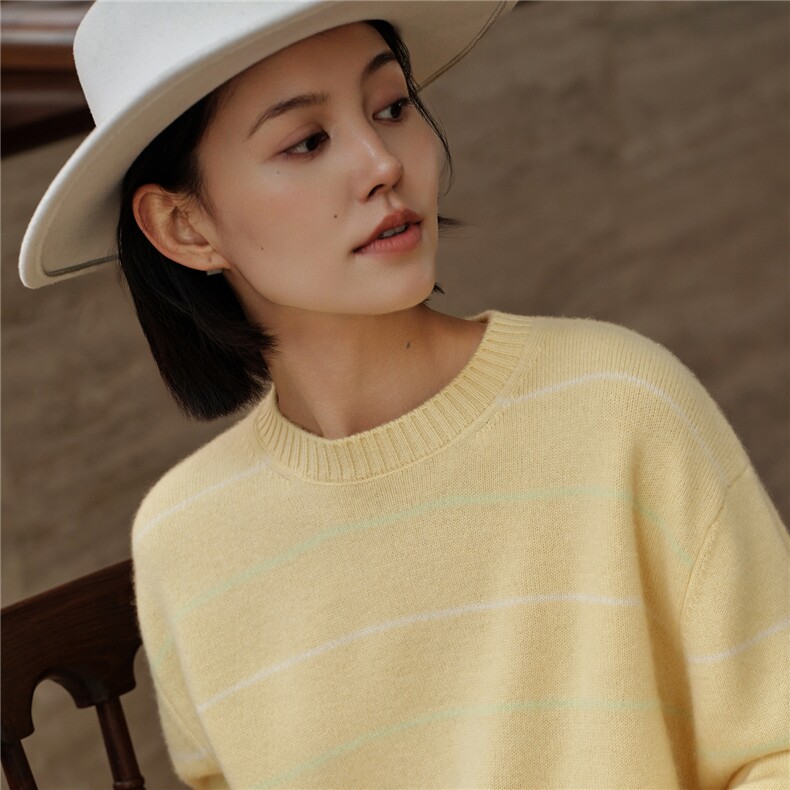 2025秋冬新款女羊绒衫100%纯山羊绒加厚宽松针织衫条纹羊绒套衫,女装羊绒衫,绒知纯羊绒