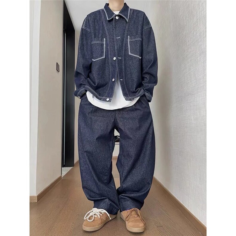 抖音品质秋款男夹克衫重磅明线拼接牛仔夹克大口袋外套DJ47P80,男装工装外套,星座1013-1