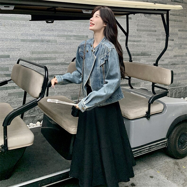 复古法式收腰压褶大摆裙黑色半身裙2025年开春新款女装显瘦伞裙女,女装牛仔外套,浙宝220