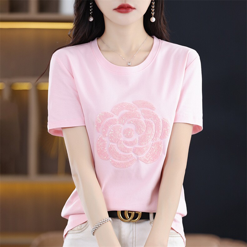 T恤女短袖圆领刺绣丝光棉宽松2025春新款上衣设计感减龄纯棉半袖,女装T恤,暖烁羊绒