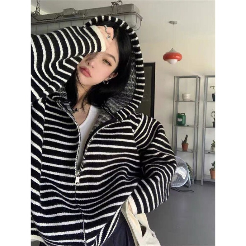 2025早秋卫衣女ins潮春秋韩版宽松bf慵懒风条纹上衣短款连帽外套,女装短外套,星座506A