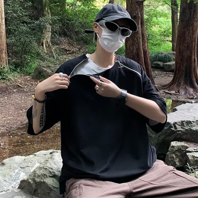 美式拉链短袖t恤男夏季重磅高街痞帅圆领半袖潮牌宽松纯色体恤衫,男装T恤,星座716-4