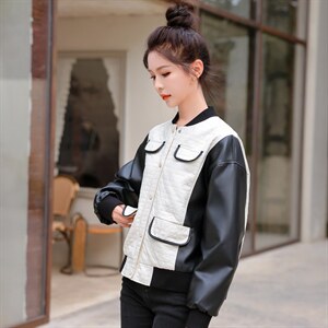 PU皮拼接假两件菱格棒球服女2022秋季新款时尚百搭纯色立领短外套图片