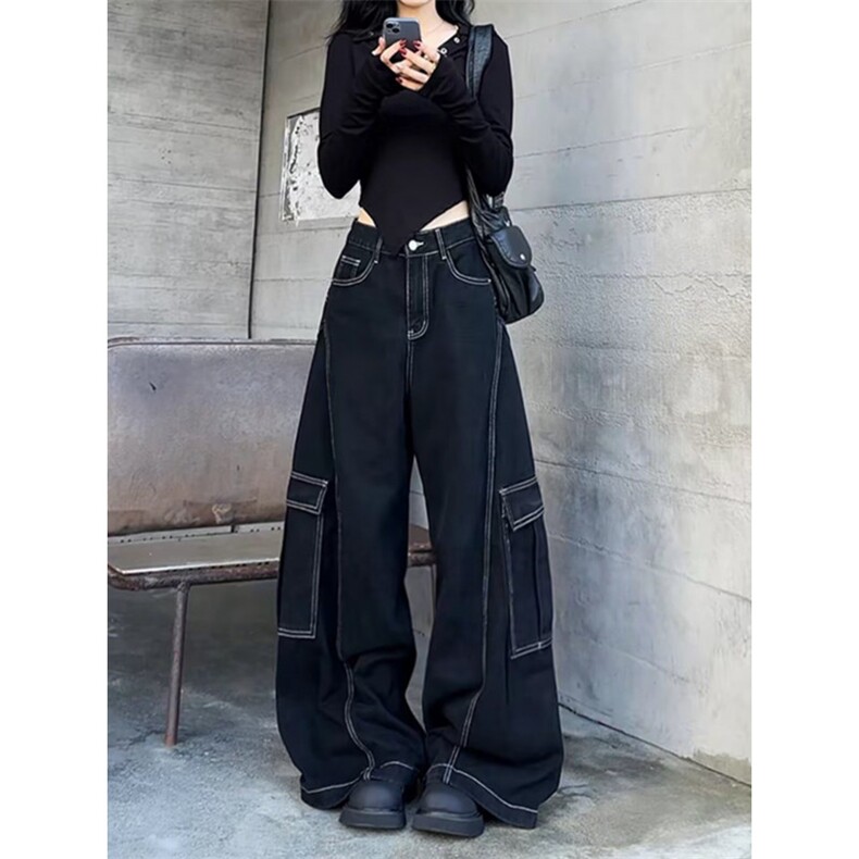 港风复古显瘦明线设计感帅气牛仔裤宽松街头风宽松阔腿工装裤，男装牛仔裤，星座813-2