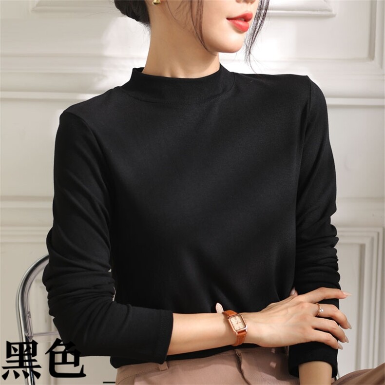 防走光不规则方领螺纹棉长袖打底衫,女装T恤,思沃羊绒
