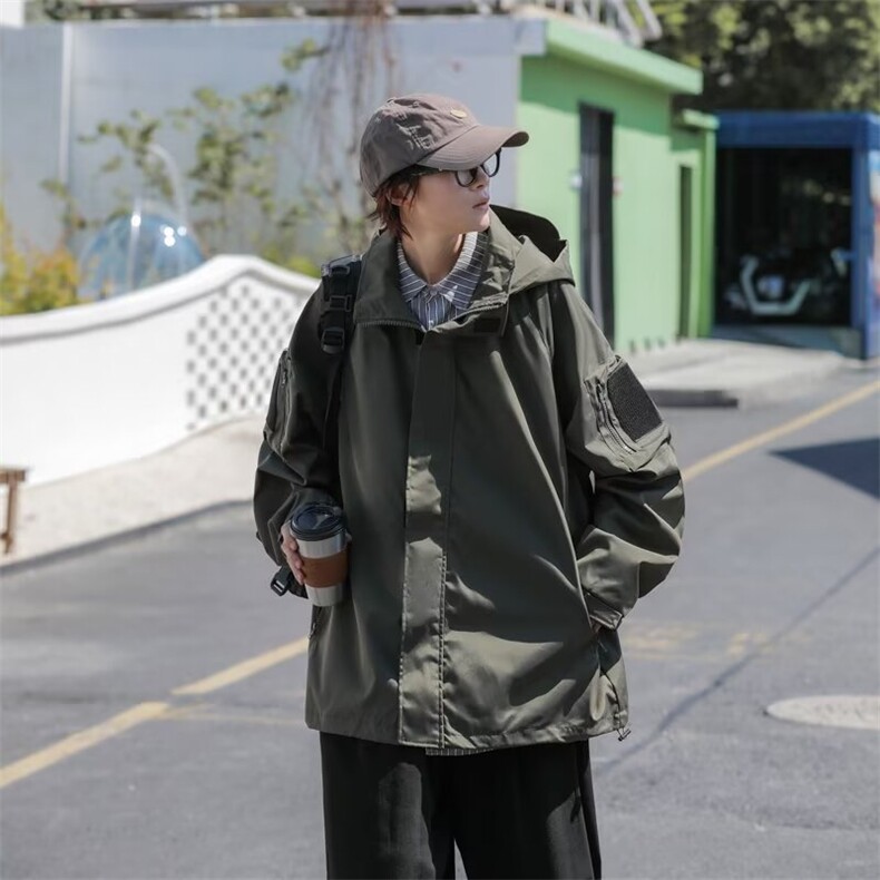 秋季魔术贴连帽夹克男ins冲锋衣潮牌宽松休闲工装外套JD18,男装夹克,星座1116A-1（原606A）