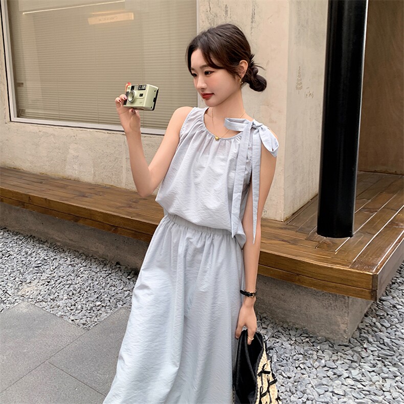 浅蓝色甜美休闲轻薄套装裙女2025新款气质蝴蝶结上衣半身裙两件套,女装套装/套裙,维壹