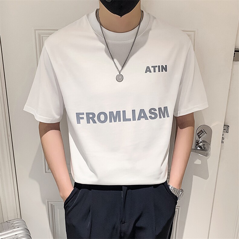 白色2023精神小伙修身男士圆领印花短袖T恤打底衫潮 T093-P48控68图片