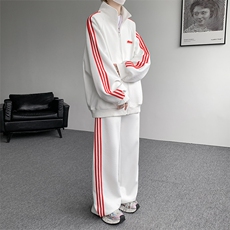 8XL-M条纹撞色开衫新年红卫衣运动套装潮牌运动服校园风TZ114P118，男装休闲套装，电商D206-1