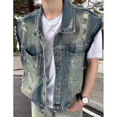 复古水洗磨破牛仔马甲无袖男夏季帅气破洞坎肩夹克外套J864，男装夹克，星座1116A（原606A-3）