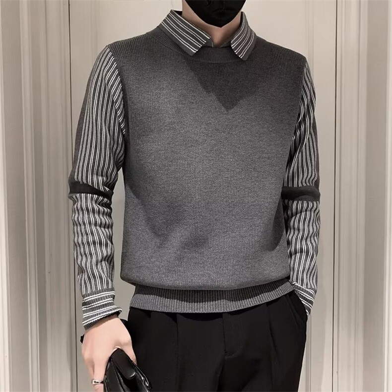 得物品质秋冬款男假两件毛衣衬衫领条纹针织衫休闲外套M552P55,男装针织衫/毛衣,星座1013-1