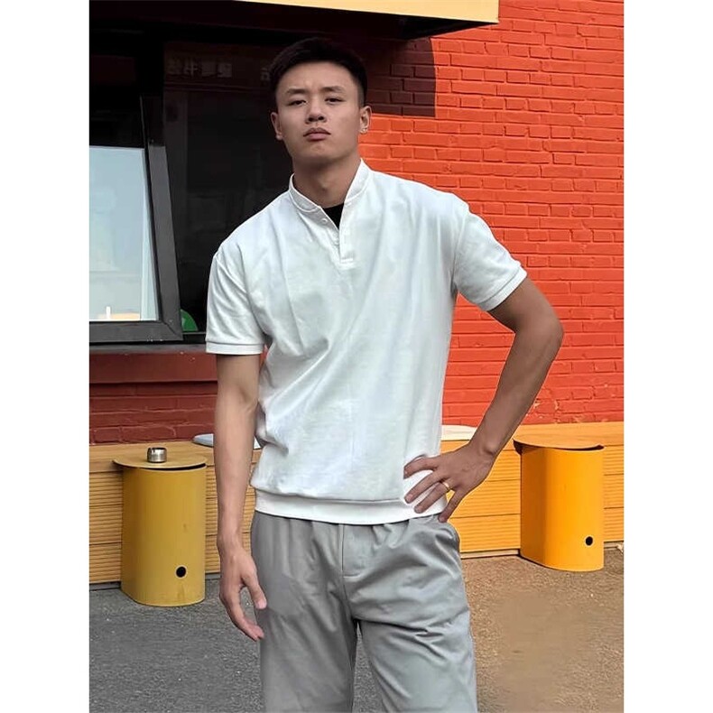 白色微领亨利衫短袖男款夏季轻熟风痞帅高级感polo衫正肩硬汗t恤,男装Polo衫,星座506A