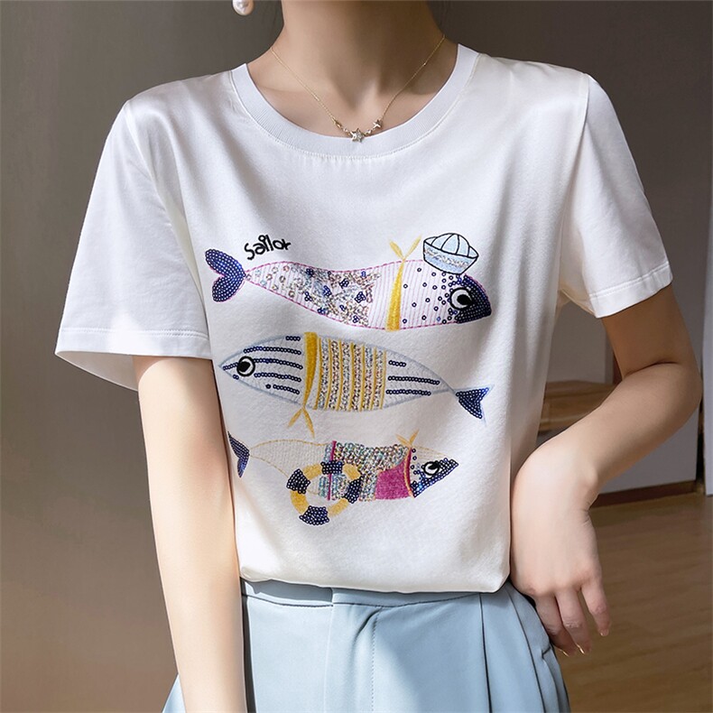 重磅真丝t恤女短袖印花桑蚕丝白色圆领小衫2024夏装半袖短款上衣,女装T恤,兴泰羊绒